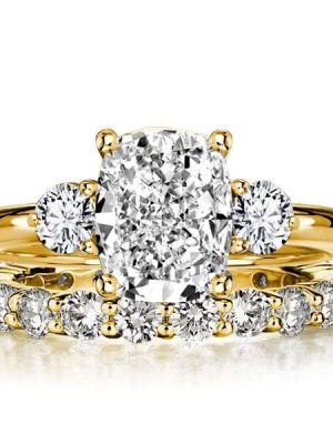18K Gold Plated Sterling Silver Three Stone Cushion Cut Engagement Ring Set for Women