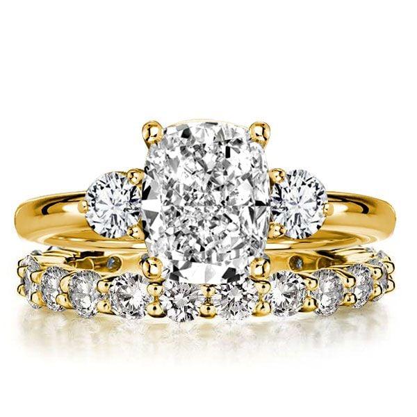 18K Gold Plated Sterling Silver Three Stone Cushion Cut Engagement Ring Set for Women