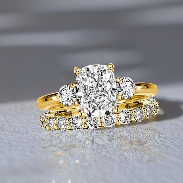 18K Gold Plated Sterling Silver Three Stone Cushion Cut Engagement Ring Set for Women