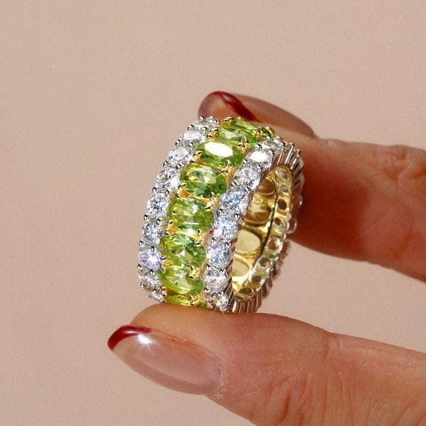 Oval Cut Peridot Wedding Band in Sterling Silver with Rhodium Plating