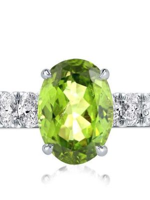 Peridot Engagement Ring, Oval Cut, Hidden Halo, Sterling Silver
