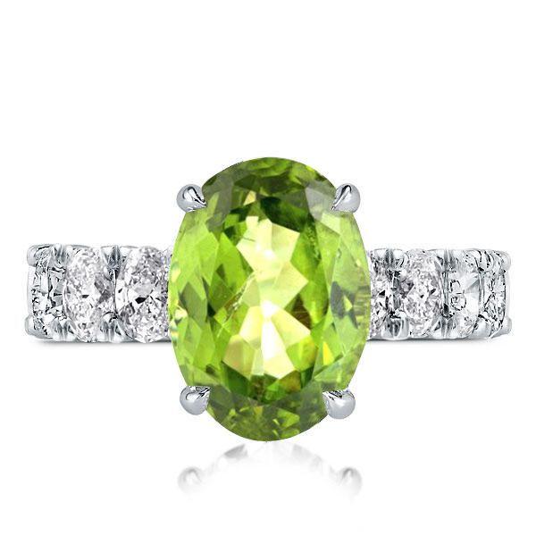 Peridot Engagement Ring, Oval Cut, Hidden Halo, Sterling Silver