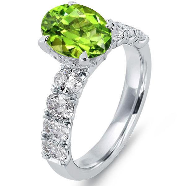 Peridot Engagement Ring, Oval Cut, Hidden Halo, Sterling Silver