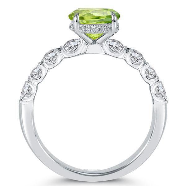 Peridot Engagement Ring, Oval Cut, Hidden Halo, Sterling Silver