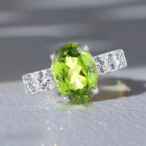 Peridot Engagement Ring, Oval Cut, Hidden Halo, Sterling Silver