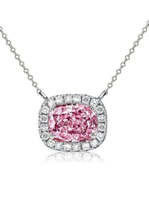 Cushion Cut Pink Stone Halo Necklace in 925 Sterling Silver