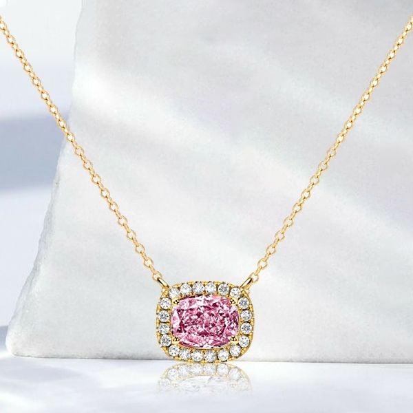 Cushion Cut Pink Stone Halo Necklace in 925 Sterling Silver