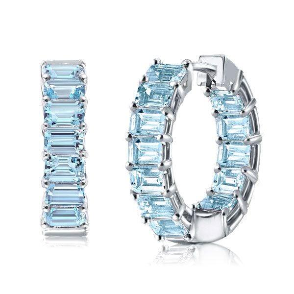Emerald Cut Created Aquamarine Hoop Earrings in 925 Sterling Silver