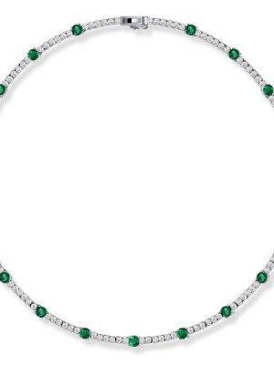 Emerald & Sapphire Tennis Necklace - Round Cut - Sterling Silver (16-22 Inches)