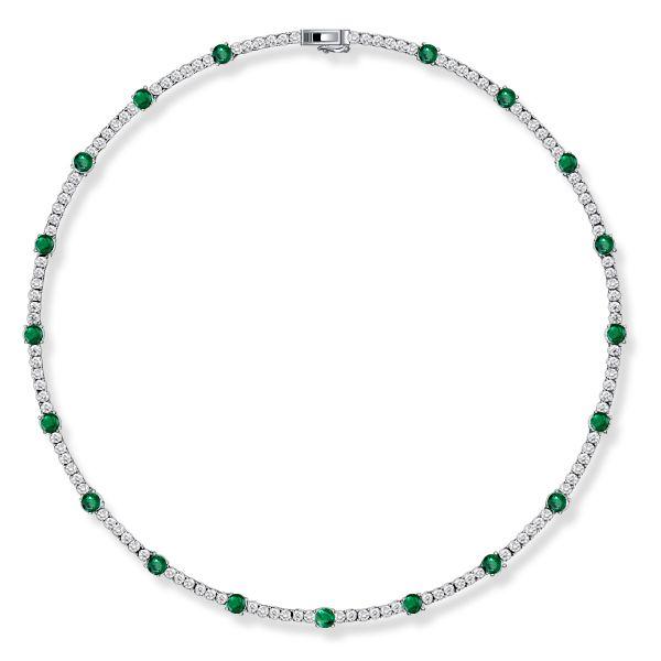 Emerald & Sapphire Tennis Necklace - Round Cut - Sterling Silver (16-22 Inches)