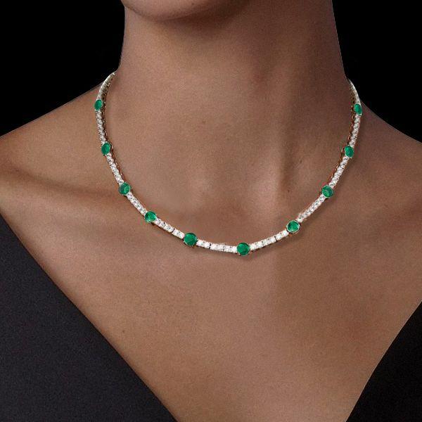 Emerald & Sapphire Tennis Necklace - Round Cut - Sterling Silver (16-22 Inches)
