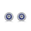 Sterling Silver Blue Sapphire Halo Stud Earrings Vintage Design