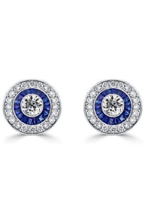 Sterling Silver Blue Sapphire Halo Stud Earrings Vintage Design