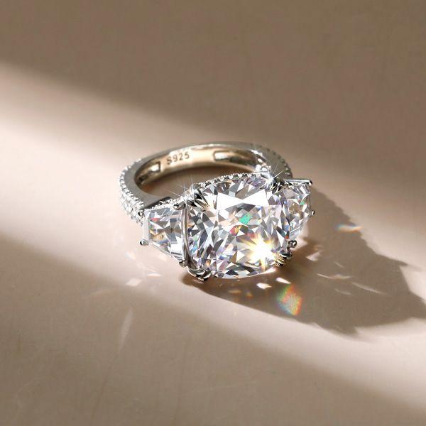 Sterling Silver Double Prong Three Stone Engagement Ring - 9.52 CT Center