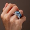 Three Stone Blue Topaz Engagement and Wedding Ring Set for Women in Sterling Silver