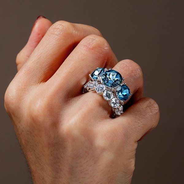 Three Stone Blue Topaz Engagement and Wedding Ring Set for Women in Sterling Silver