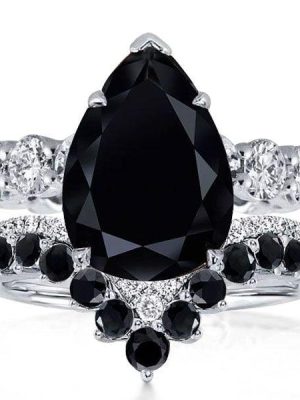9.84 CTW Pear Cut Black Sapphire Bridal Set in Rhodium Plated Sterling Silver