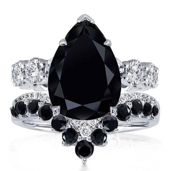 9.84 CTW Pear Cut Black Sapphire Bridal Set in Rhodium Plated Sterling Silver