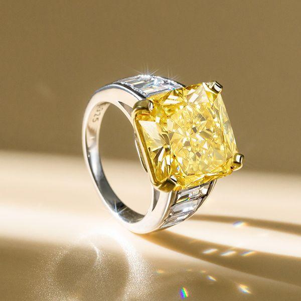 Radiant Cut Yellow Sapphire Engagement Ring in Two Tone Sterling Silver