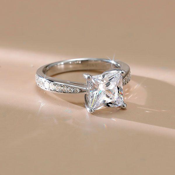 Princess Cut Solitaire Engagement Ring - 925 Sterling Silver, 2.0 CT Center Stone