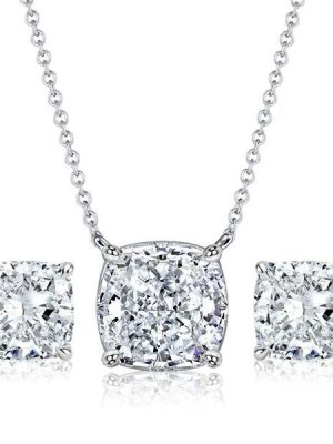 Cushion Cut Solitaire Necklace & Stud Earrings Set - Sterling Silver