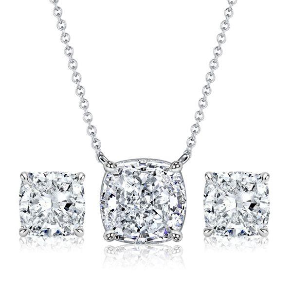 Cushion Cut Solitaire Necklace & Stud Earrings Set - Sterling Silver