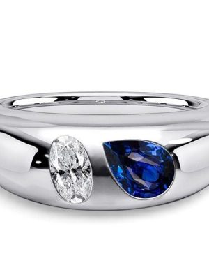 Toi Et Moi Sterling Silver Ring with Oval & Pear Cut White and Blue Sapphire