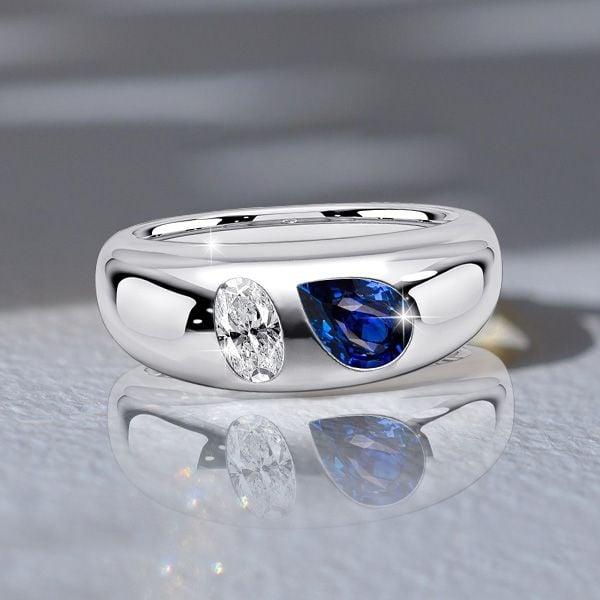 Toi Et Moi Sterling Silver Ring with Oval & Pear Cut White and Blue Sapphire