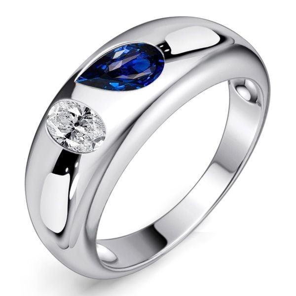 Toi Et Moi Sterling Silver Ring with Oval & Pear Cut White and Blue Sapphire