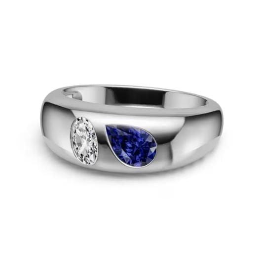 Toi Et Moi Sterling Silver Ring with Oval & Pear Cut White and Blue Sapphire