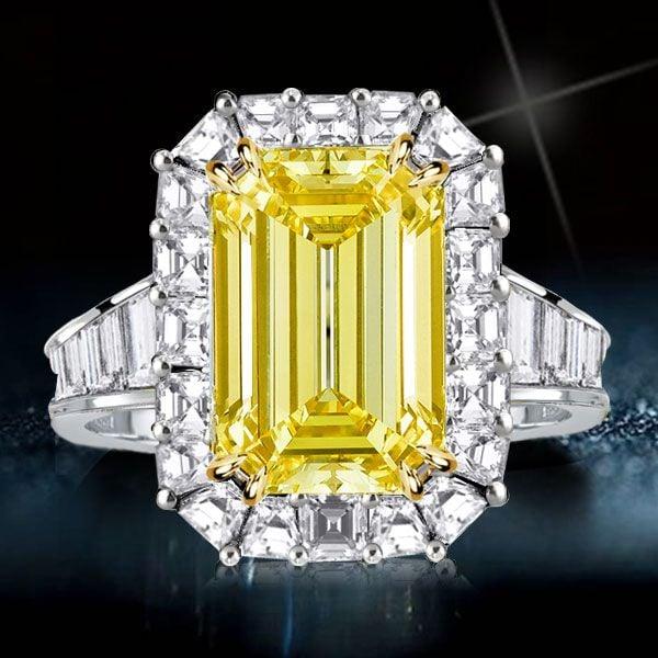 Two Tone Halo Engagement Ring with 6.38 CT. Yellow Sapphire in Sterling Silver