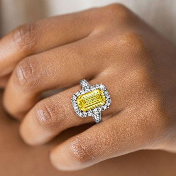 Two Tone Halo Engagement Ring with 6.38 CT. Yellow Sapphire in Sterling Silver