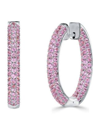 Pink Sapphire Hoop Earrings for Women - 925 Sterling Silver Pave Earrings