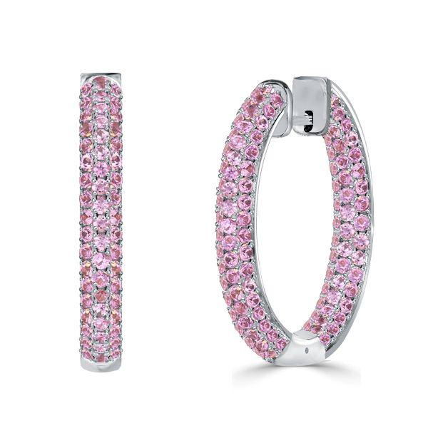 Pink Sapphire Hoop Earrings for Women - 925 Sterling Silver Pave Earrings
