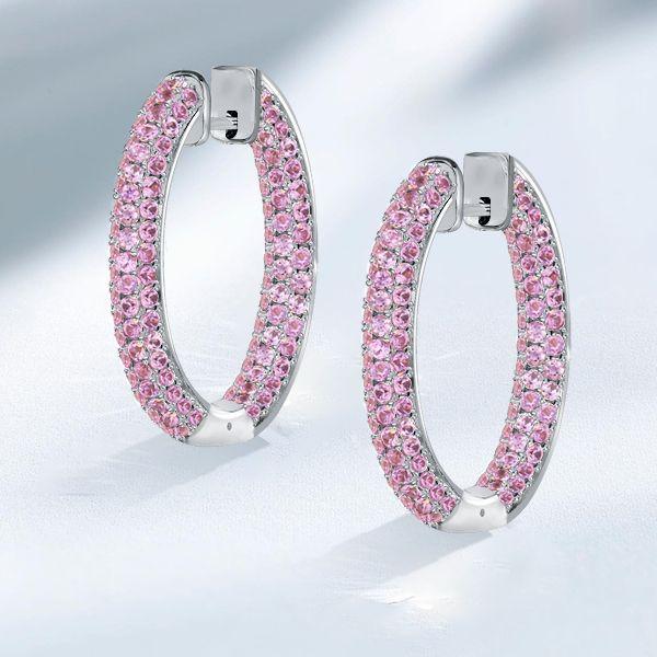 Pink Sapphire Hoop Earrings for Women - 925 Sterling Silver Pave Earrings