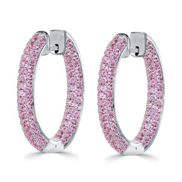 Pink Sapphire Hoop Earrings for Women - 925 Sterling Silver Pave Earrings