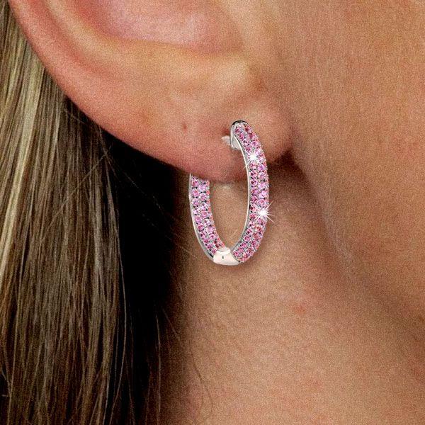 Pink Sapphire Hoop Earrings for Women - 925 Sterling Silver Pave Earrings