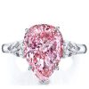 Created Pink Sapphire Three Stone Pear Engagement Ring in Rhodium Plated Sterling Silver