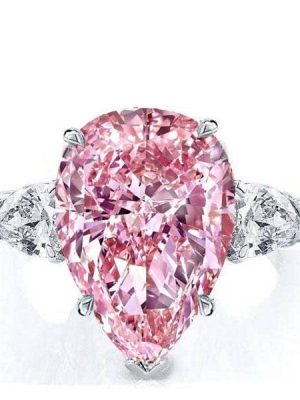 Created Pink Sapphire Three Stone Pear Engagement Ring in Rhodium Plated Sterling Silver
