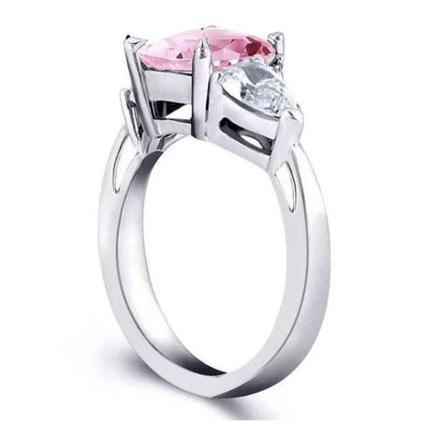 Created Pink Sapphire Three Stone Pear Engagement Ring in Rhodium Plated Sterling Silver