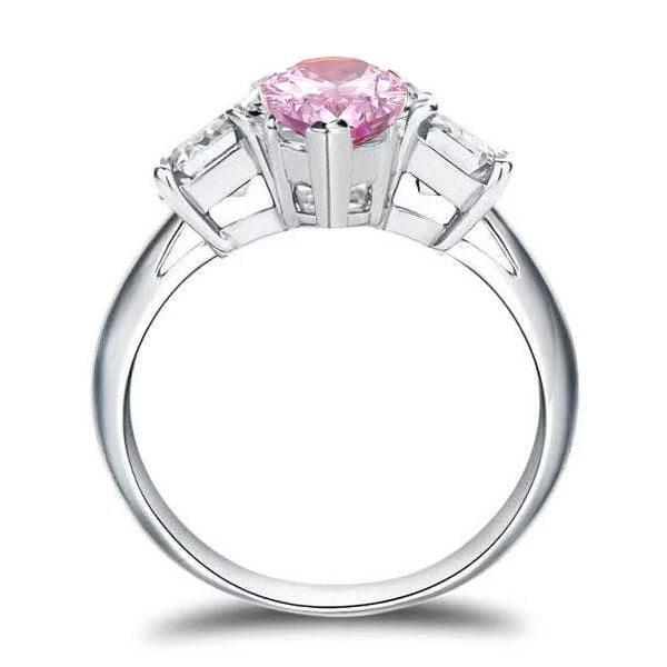 Created Pink Sapphire Three Stone Pear Engagement Ring in Rhodium Plated Sterling Silver