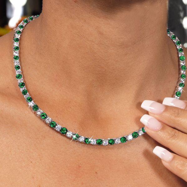 Emerald & White Sapphire Tennis Necklace - 925 Sterling Silver - 4mm