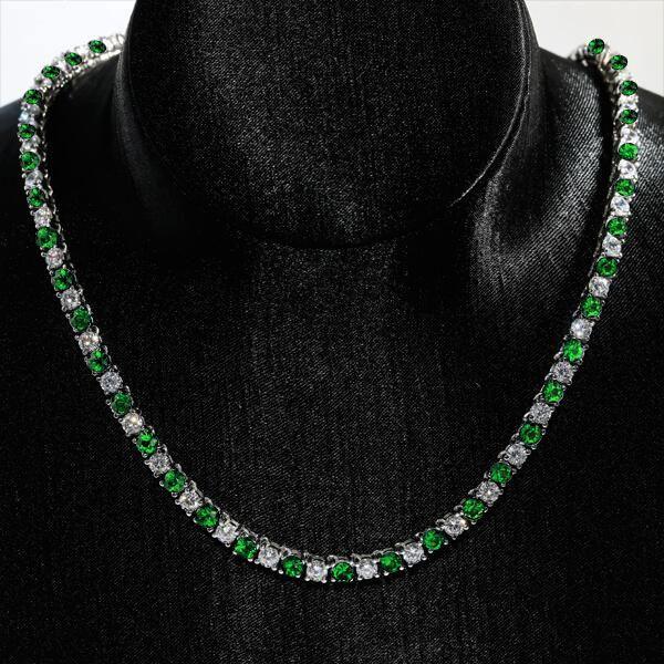 Emerald & White Sapphire Tennis Necklace - 925 Sterling Silver - 4mm