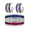 Sterling Silver Ruby and Blue Sapphire Wedding Band and Hoop Earrings Set