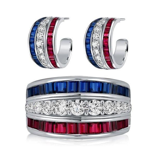 Sterling Silver Ruby and Blue Sapphire Wedding Band and Hoop Earrings Set