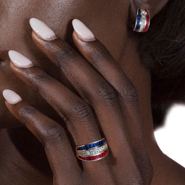 Sterling Silver Ruby and Blue Sapphire Wedding Band and Hoop Earrings Set