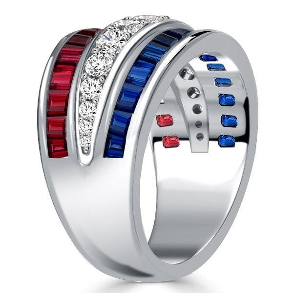 Sterling Silver Ruby and Blue Sapphire Wedding Band and Hoop Earrings Set
