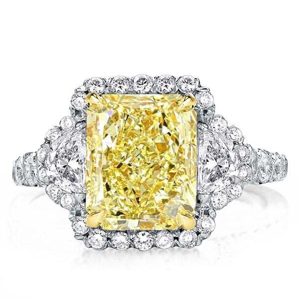Three Stone Radiant Cut Halo Engagement Ring | 3.00 CTW Yellow Center Stone | Two Tone Sterling Silver