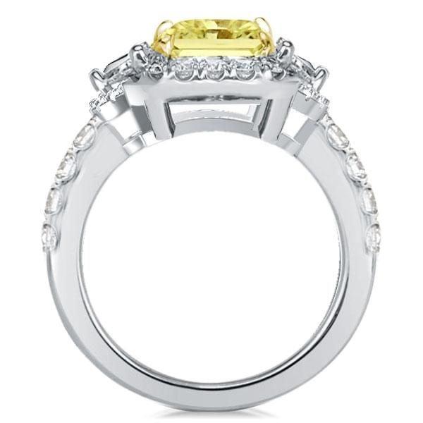 Three Stone Radiant Cut Halo Engagement Ring | 3.00 CTW Yellow Center Stone | Two Tone Sterling Silver