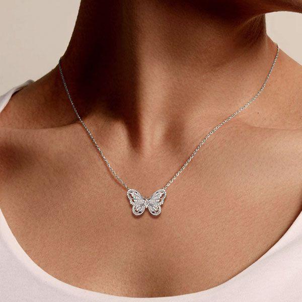 Dancing Butterfly White Sapphire Sterling Silver Pendant Necklace for Women